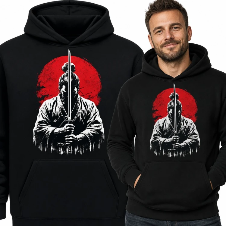 Bluza męska z kapturem - samuraj z kataną na tle czerwonego słońca