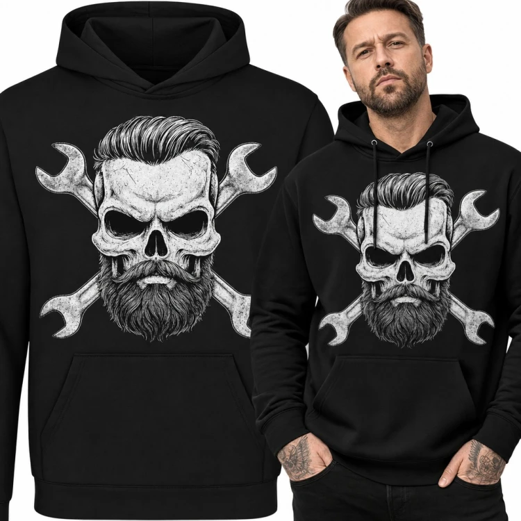 Bluza męska z kapturem - brodata czaszka mechanika ze skrzyżowanymi kluczami