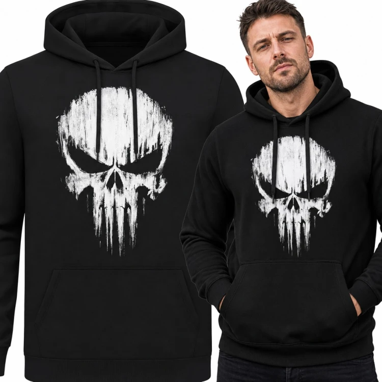 Bluza męska z kapturem - biała czaszka grunge z wydłużonymi zębami
