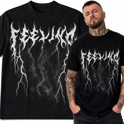Koszulka męska z metalowym logotypem i błyskawicami - mroczny wzór