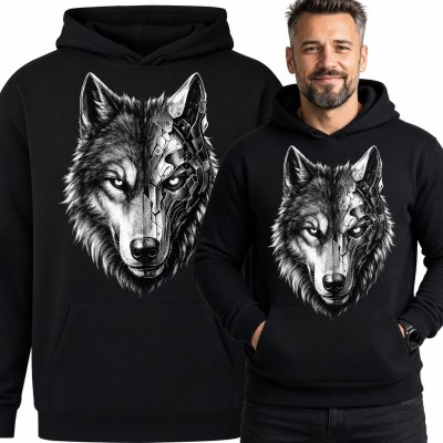 Bluza męska z kapturem - wilk cyborg pół zwierzę pół maszyna