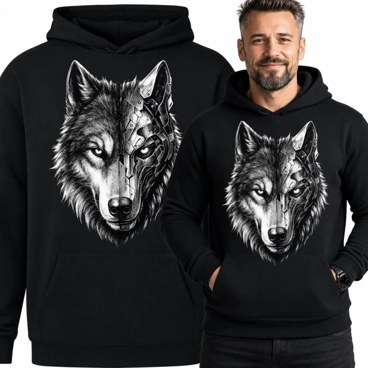 Bluza męska z kapturem - wilk cyborg pół zwierzę pół maszyna