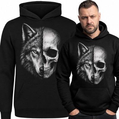 Bluza męska z kapturem - wilk z czaszką, pół pyska i pół kości