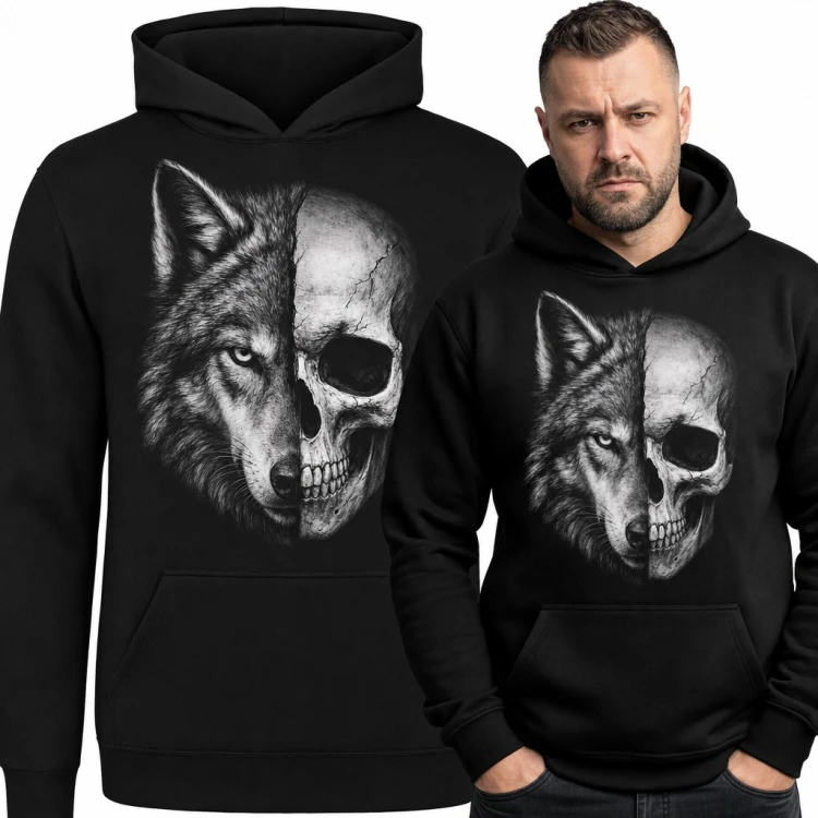 Bluza męska z kapturem - wilk z czaszką, pół pyska i pół kości