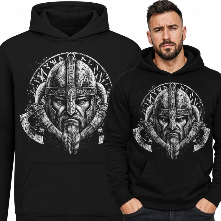 Bluza męska z kapturem - wiking w rogatym hełmie ze skrzyżowanymi toporami i runami