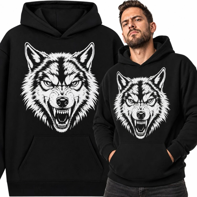 Bluza męska z kapturem - głowa wilka alfa w czarno-białej grafice