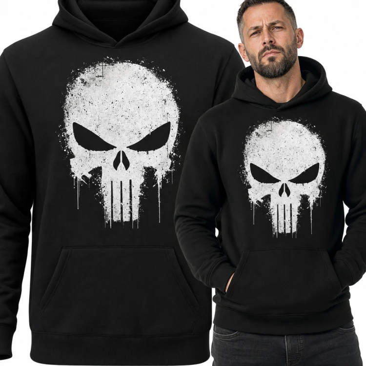 Bluza męska z kapturem - biała czaszka grunge z ociekającą farbą