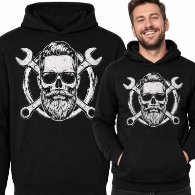 Bluza męska z kapturem - brodata czaszka mechanika w okularach i skrzyżowane klucze