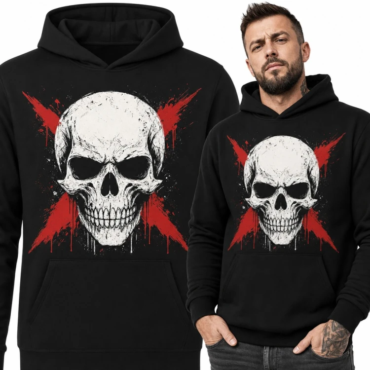 Bluza męska z kapturem - biała czaszka na czerwonym krzyżu X w stylu grunge