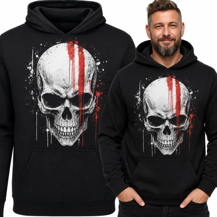 Bluza męska z kapturem - biała czaszka z czerwonymi zaciekami w stylu grunge