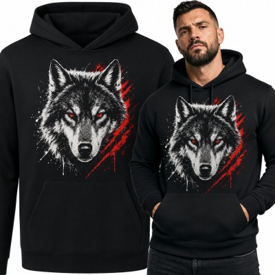 Bluza męska z kapturem - głowa wilka z czerwonymi oczami i śladami pazurów