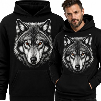Bluza męska z kapturem - realistyczna głowa wilka z bursztynowymi oczami