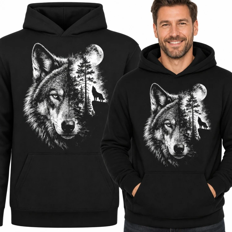 Bluza męska z kapturem - głowa wilka z nocnym lasem i wyjącym wilkiem pod księżycem