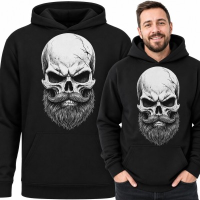 Bluza męska z kapturem - pęknięta czaszka z gęstą brodą i wąsami
