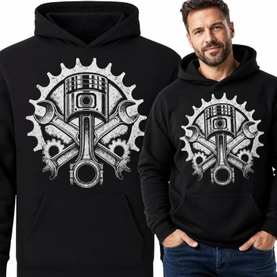 Bluza męska z kapturem - tłok i skrzyżowane klucze na kole zębatym dla mechanika