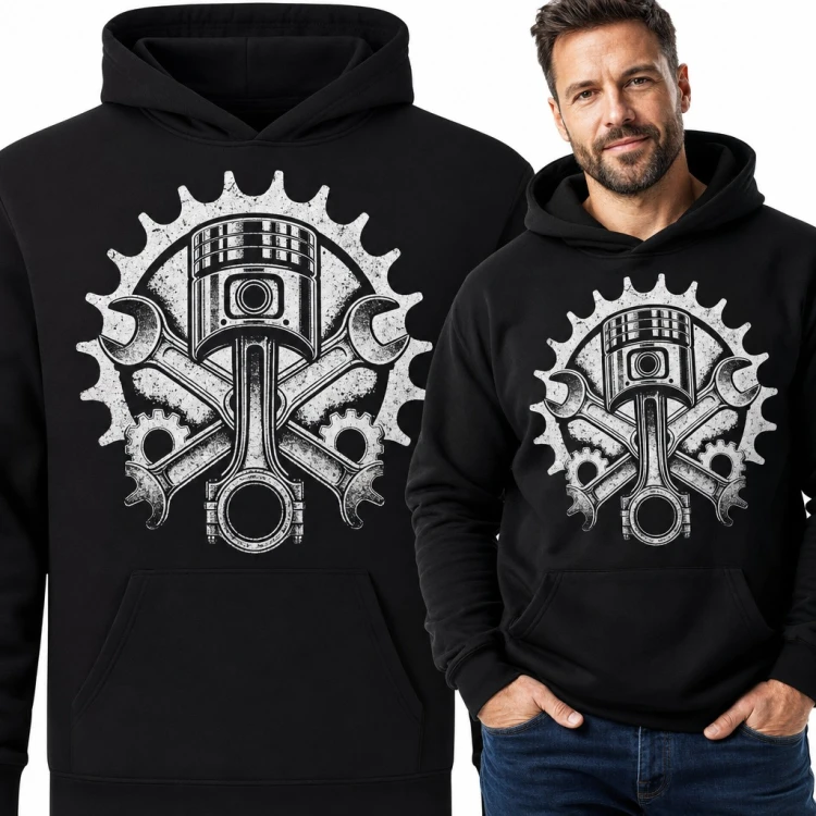 Bluza męska z kapturem - tłok i skrzyżowane klucze na kole zębatym dla mechanika