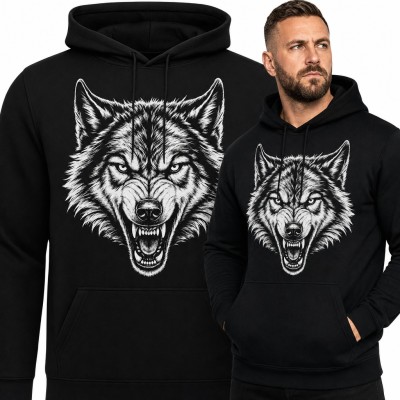 Bluza męska z kapturem - warcząca głowa wilka z obnażonymi kłami