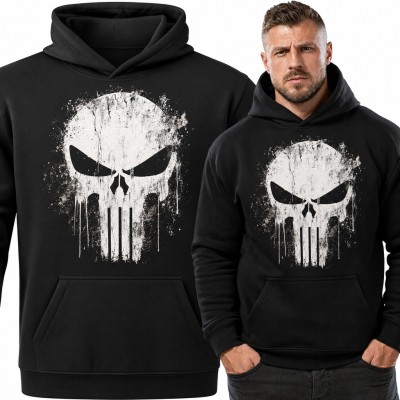 Bluza męska z kapturem - biała czaszka grunge z zaciekami farby