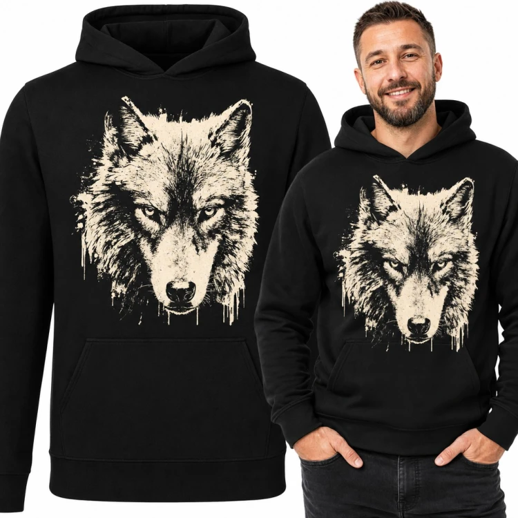Bluza męska z kapturem - głowa wilka z efektem rozchlapanej farby