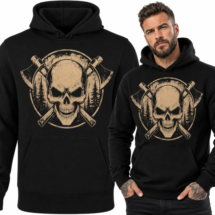 Bluza męska z kapturem - czaszka ze skrzyżowanymi siekierami i lasem dla drwala