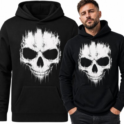 Bluza męska z kapturem - biała czaszka w stylu grunge z ociekającymi krawędziami