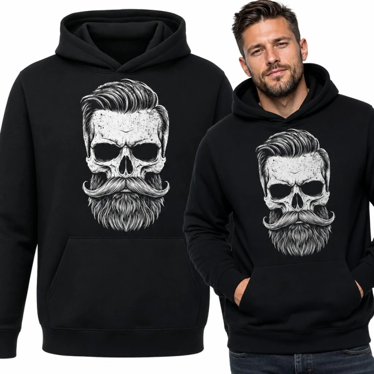 Bluza męska z kapturem - czaszka z brodą i podkręconym wąsem