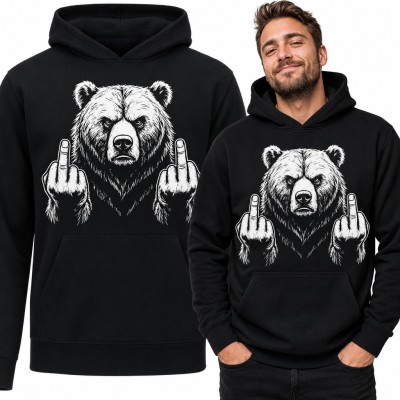 Bluza męska z kapturem - wkurzony niedźwiedź grizzly pokazujący środkowe palce