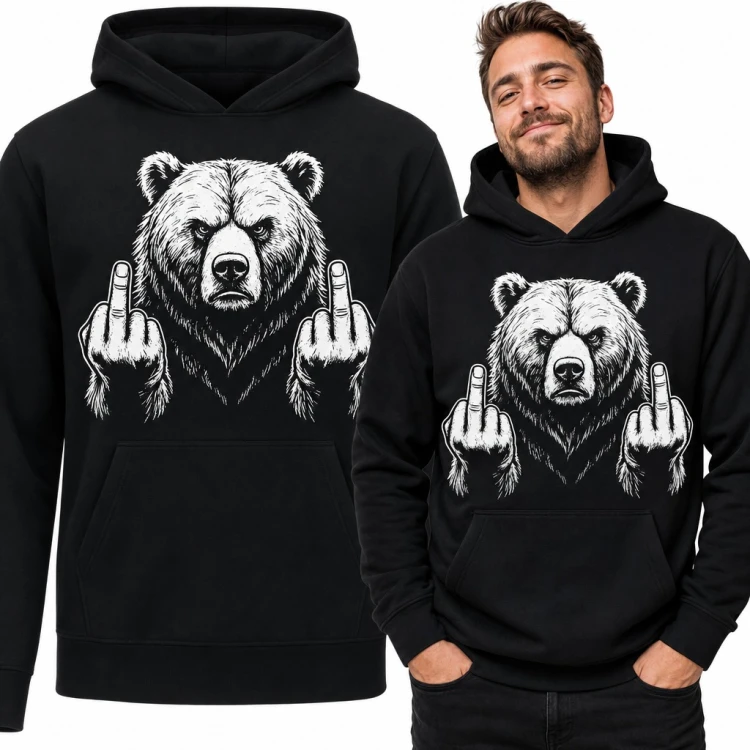 Bluza męska z kapturem - wkurzony niedźwiedź grizzly pokazujący środkowe palce