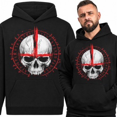 Bluza męska z kapturem - czaszka z czerwonym krzyżem w kręgu run nordyckich
