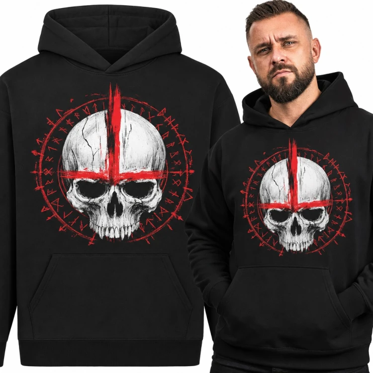 Bluza męska z kapturem - czaszka z czerwonym krzyżem w kręgu run nordyckich