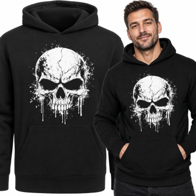 Bluza męska z kapturem - pęknięta czaszka z ociekającą farbą w stylu grunge