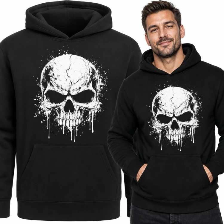 Bluza męska z kapturem - pęknięta czaszka z ociekającą farbą w stylu grunge