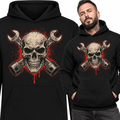 Bluza męska z kapturem - czaszka mechanika ze skrzyżowanymi kluczami i tłokami