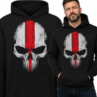 Bluza męska z kapturem - biało-czerwona czaszka z czerwonym pasem w stylu grunge