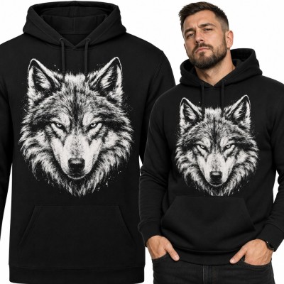 Bluza męska z kapturem - realistyczna głowa wilka w czerni i bieli