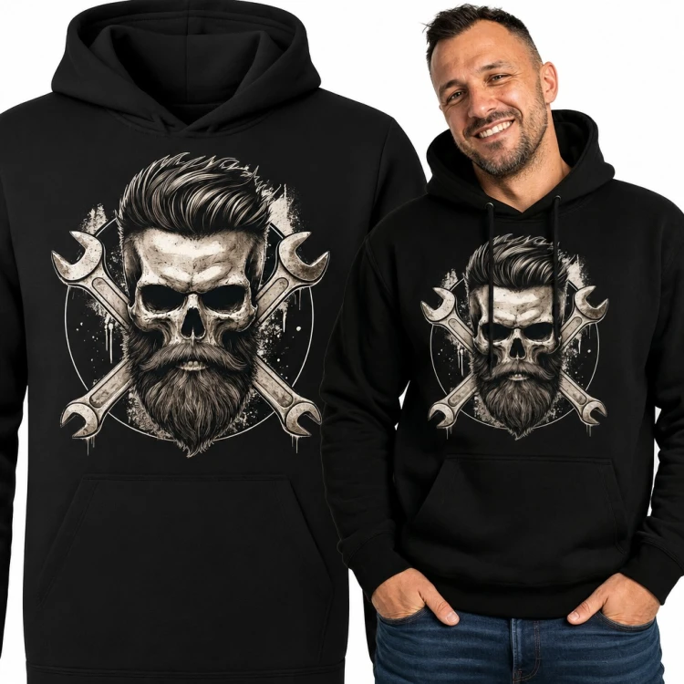 Bluza męska z kapturem dla mechanika - czaszka z brodą i kluczami płaskimi