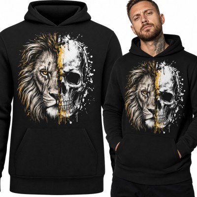 Bluza męska z kapturem - pół lew, pół czaszka z żółtymi zaciekami