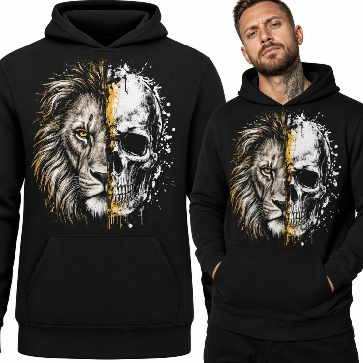 Bluza męska z kapturem - pół lew, pół czaszka z żółtymi zaciekami