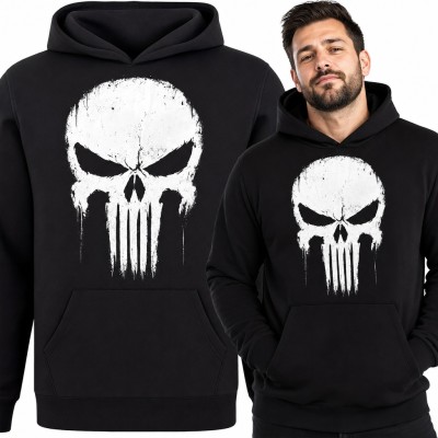 Bluza męska z kapturem - biała czaszka z długimi zębami w stylu grunge