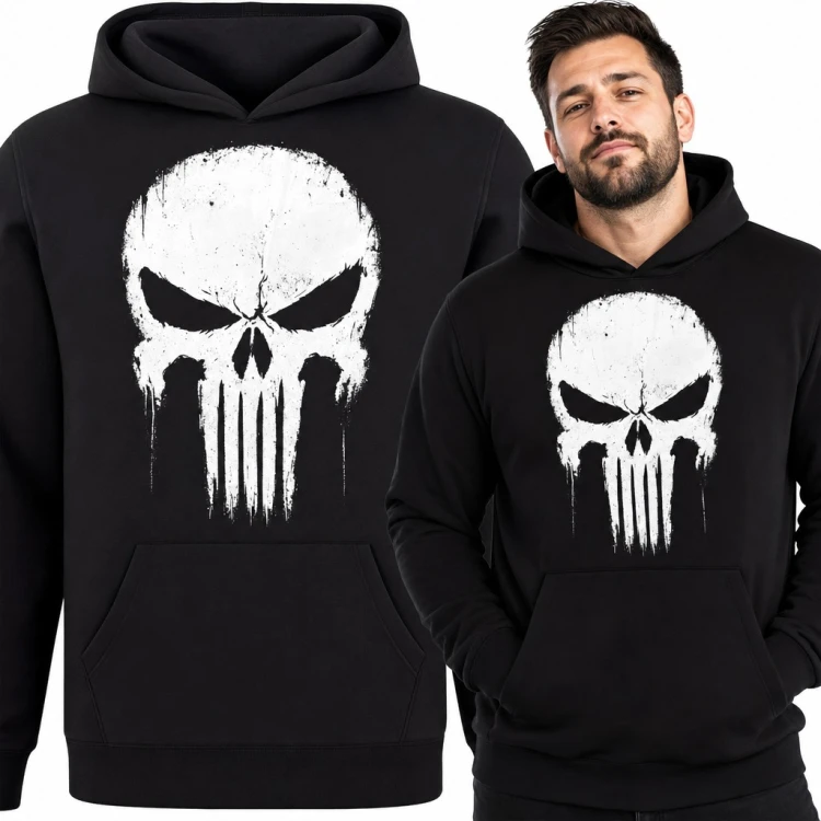 Bluza męska z kapturem - biała czaszka z długimi zębami w stylu grunge