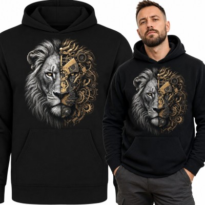Bluza męska z kapturem - lew steampunk z mechaniczną połową głowy