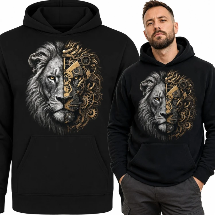 Bluza męska z kapturem - lew steampunk z mechaniczną połową głowy