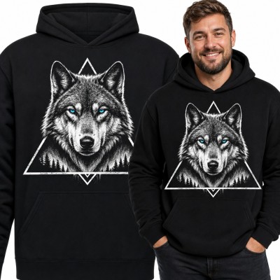 Bluza męska z kapturem - wilk z niebieskimi oczami w geometrycznym trójkącie