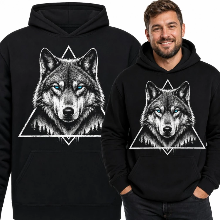 Bluza męska z kapturem - wilk z niebieskimi oczami w geometrycznym trójkącie
