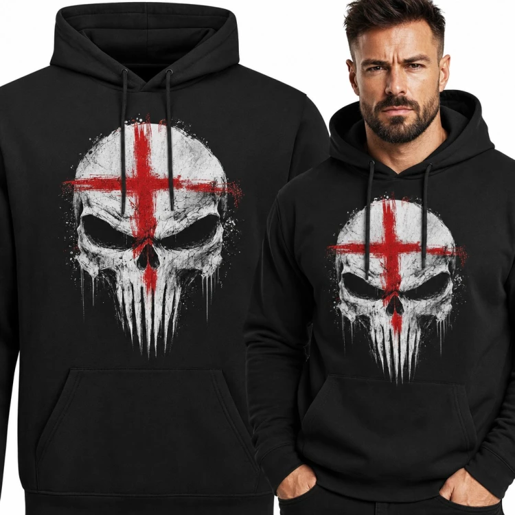 Bluza męska z kapturem - czaszka z czerwonym krzyżem flagi Anglii