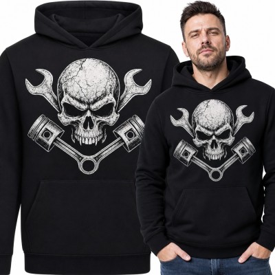 Bluza męska z kapturem - czaszka z tłokami i kluczami dla mechanika