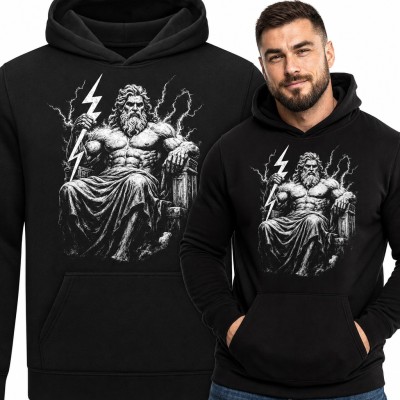 Bluza męska z kapturem - Zeus na tronie z piorunem