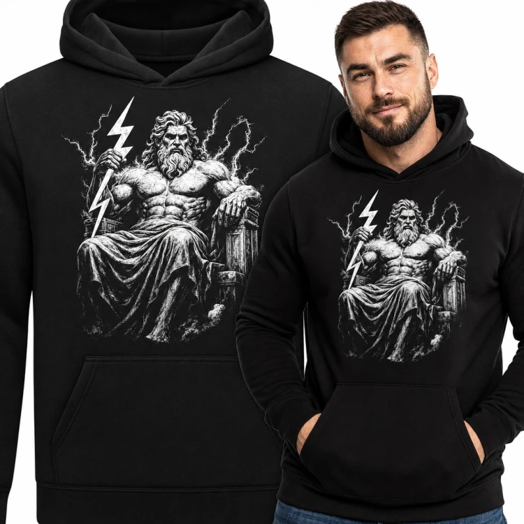 Bluza męska z kapturem - Zeus na tronie z piorunem