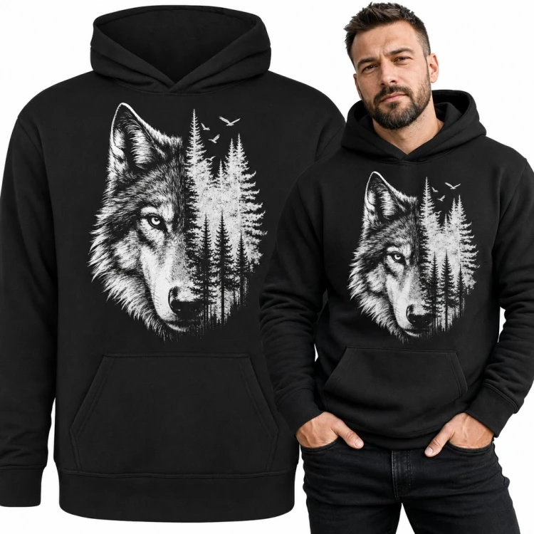Bluza męska z kapturem - wilk i las świerkowy z ptakami
