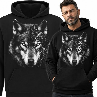 Bluza męska z kapturem - pysk wilka z pękniętą teksturą